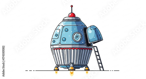 Illustration of a cartoonish rocket ship with an open hatch and ladder against a white background space art