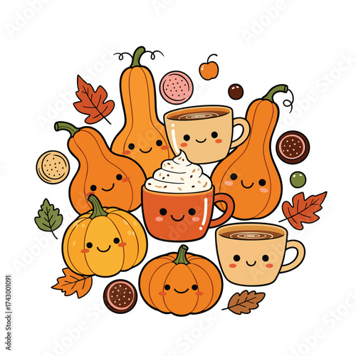 A cute collection of kawaii autumn pumpkins gourds and warm coffee mugs with smiling faces.