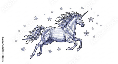 Geometric unicorn prancing amidst a scattering of silver stars on a pristine white background art piece