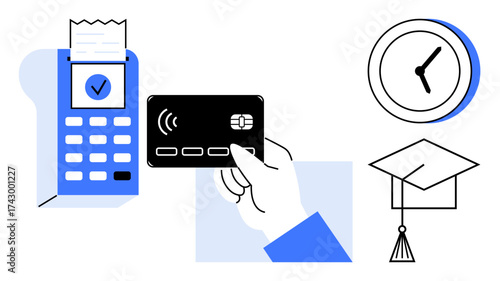 Contactless payment terminal, hand holding card, clock, graduation cap. Ideal for finance, technology, education, convenience time management innovation secure payment. Simple flat metaphor