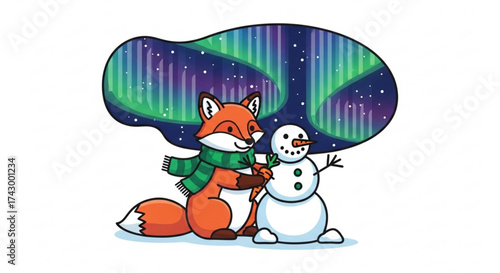 Fox wearing a scarf building a snowman with a carrot nose under the northern lights aurora borealis