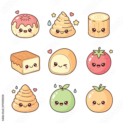 A cute set of nine kawaii food characters with smiling faces including fruits sweets and desserts.