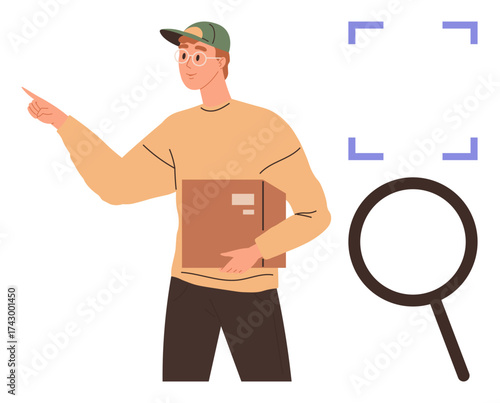 Man in casual outfit holding a folder and gesturing forward. Magnifying glass and framing symbol suggest searching, exploring, or direction. Ideal for research, navigation, guidance, learning