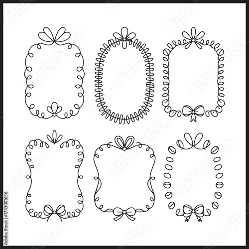 Set of six decorative hand-drawn doodle frames with bows and floral elements Keywords: frame, border, doodle, hand-drawn, decorative, ornate
