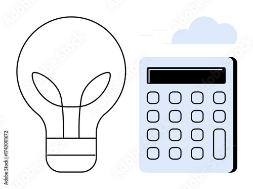 Light bulb with leaf motif beside a calculator with digital display, symbolizing innovation, energy efficiency, and problem-solving. Ideal for sustainability, research, calculation, energy