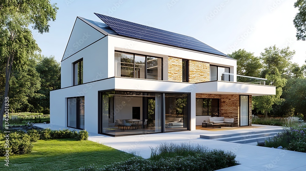 Fototapeta premium Modern White House with Solar Panels, Garden, Patio Furniture and Large Glass Windows