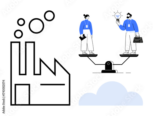 Factory emitting fumes near a balanced scale with two professionals discussing a light bulb idea. Ideal for sustainability, innovation, teamwork, industry, decision-making, balance, environmental