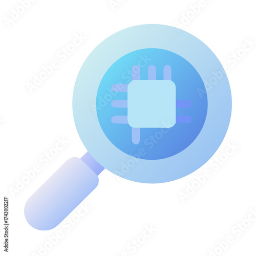 Magnifying glass examining microchip technology icon