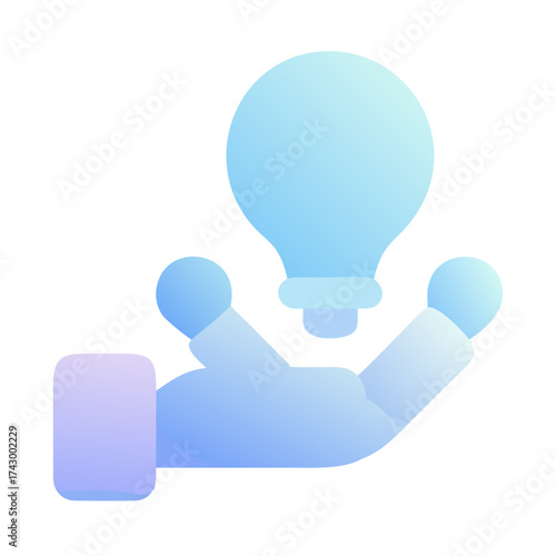 A robotic hand holding a glowing lightbulb icon on black