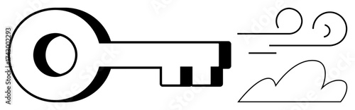 Key combined with wind and cloud lines symbolizes freedom, opportunity, and creative possibilities. Ideal for access, liberation, innovation, open mindset, new beginnings, creativity simple flat