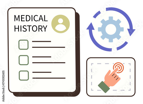 Medical report checklist beside gear with arrows for automation and hand tapping touchscreen. Ideal for healthcare, technology, process improvement, digital records, patient management, innovation