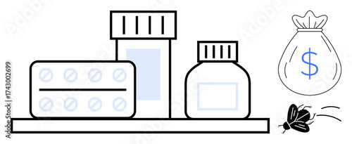 Pills, medicine bottles on shelf with dollar bag and flying cash, conveying high healthcare costs. Ideal for medicine, health, finance, economy, pharmaceuticals savings budgeting. Simple flat