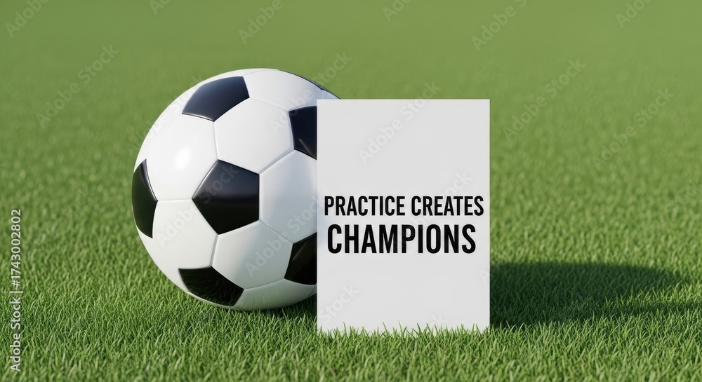 Obraz premium Soccer ball next to a sign saying practice creates champions