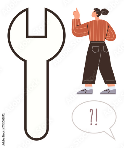 Woman in casual attire pointing towards a giant wrench, expressing confusion with a speech bubble. Ideal for problem-solving, tools, repair, mechanics, engineering, ideas, creativity concepts simple
