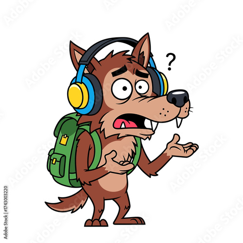 Confused Cartoon Wolf with Headphones and Backpack Posing a Question