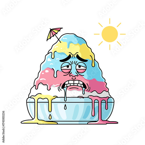 Melancholy Overheated Shaved Ice Dessert with Tiny Parasol and Sun