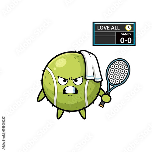 Angry Tennis Ball Cartoon Character with Racket and Scoreboard Illustration