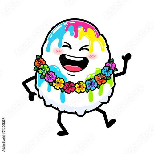 Cartoon Shave Ice Character with Lei Dripping Colorful Syrup and Smiling