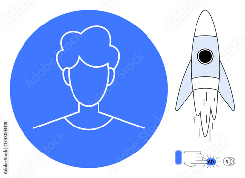 User avatar in a blue circle, a launching rocket symbolizing growth, hand pressing an ad payment button. Ideal for user profile, startup, advertising, digital marketing, online transactions