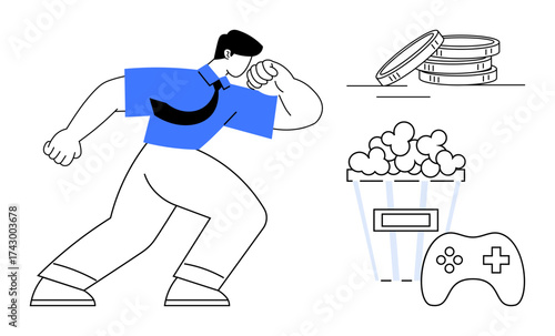 Character in dynamic pose with popcorn bucket, gaming controller, and coins suggesting fun activities and spending. Ideal for leisure, gaming, entertainment, hobbies, finance, youth culture