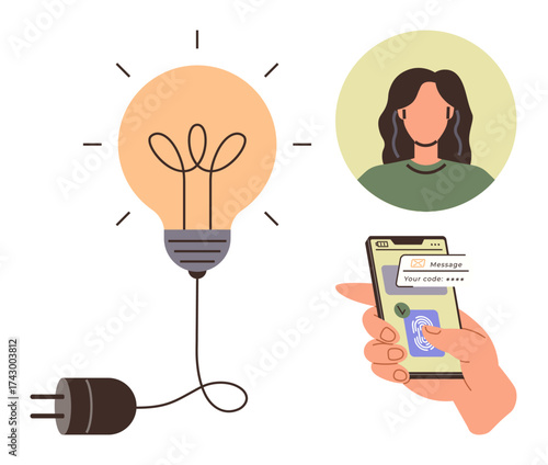 Light bulb symbolizing ideas, hand accessing mobile device via fingerprint, user portrait. Ideal for creativity, security, identity, technology, communication, innovation simple flat metaphor