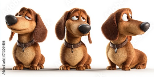 Three cartoon Dachshunds sit patiently, showcasing their unique personalities and charm.