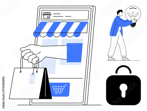 Digital storefront screen displaying shopping bags, man carrying bulb symbolizing innovation, lock emphasizing security. Ideal for e-commerce, innovation, safety, creativity, shopping, technology