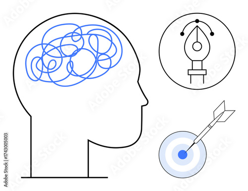 Human profile with tangled lines in brain, design pen tool, dart hitting bullseye. Ideal for creativity, idea generation, goal setting, focus, problem-solving design thinking inspiration. A simple