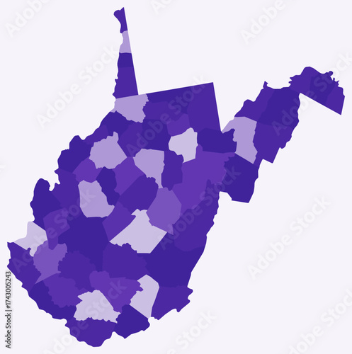 Map of West Virginia with counties. Just a simple state border map with county division. Deep purple color palette. Flat State of West Virginia shape with administrative division. Vector illustration.