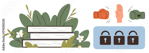 Stacked books surrounded by green foliage and flowers, boxing gloves with a hand gesture, and closed padlocks. Ideal for education, resilience, conflict resolution, protection, security, knowledge