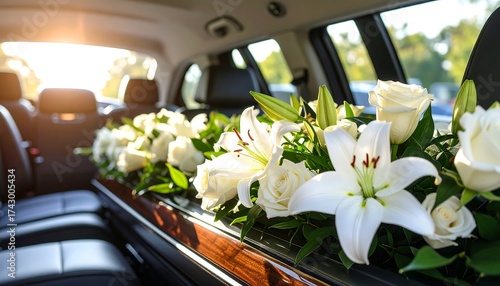 Funeral Hearse Interior with White Flowers with Bereavement, Mourning, Grief, and Remembrance.