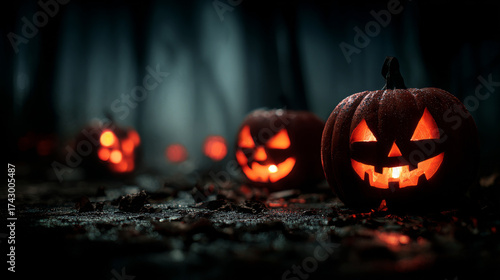 Glowing pumpkins in dark forest create spooky atmosphere for Halloween. eerie light enhances mysterious vibe of scene
