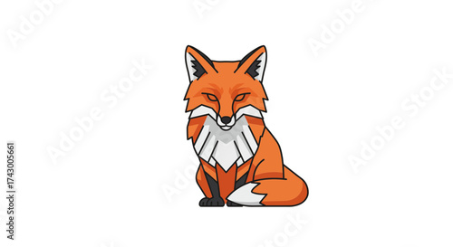 A stylized, geometric illustration of a red fox sitting down and looking forward on a plain white background.