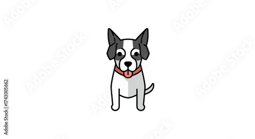An animated cartoon illustration of a happy black and white dog with a red collar, sitting and wagging its tail against a plain white background.