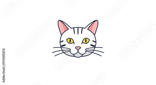 A simple cartoon illustration of a white tabby cat's head with yellow eyes on a plain white background.