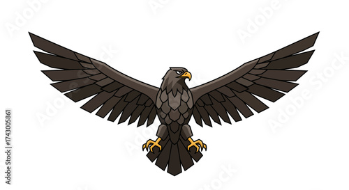A majestic dark brown eagle with wings spread wide, depicted in a stylized, symmetrical illustration against a white background.