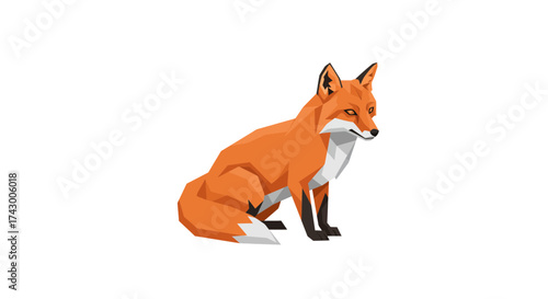 A stylized, geometric illustration of a red fox sitting down, isolated on a clean white background.