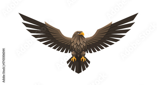 A majestic brown eagle with its wings spread wide in a symmetrical pose, illustrated on a clean white background.