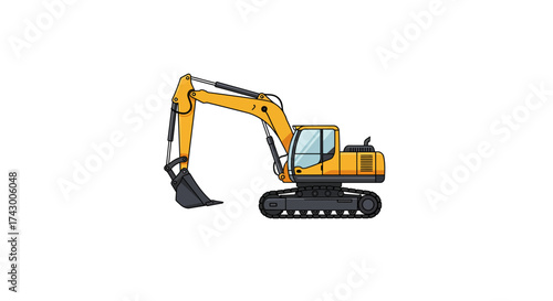 Vector illustration of a modern yellow hydraulic excavator with a black undercarriage and bucket, isolated on a white background.