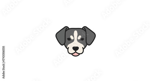 A cute, minimalist cartoon illustration of a gray and white puppy's face with floppy ears, isolated on a white background.