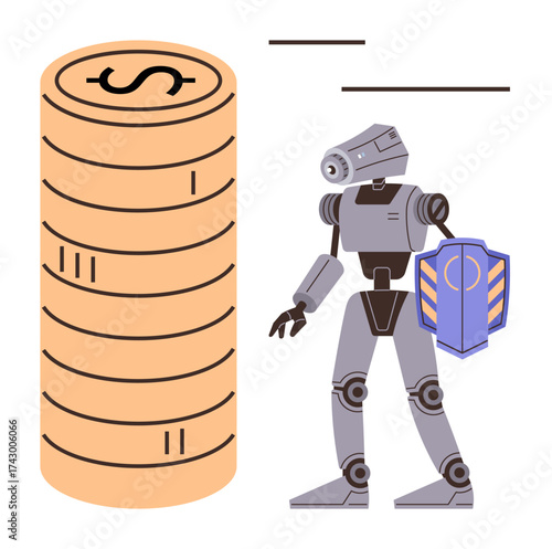 Robot holding shield stands next to a coin stack, symbolizing financial security, technology, and AI. Ideal for finance, technology, security, innovation AI digital protection future economy. A