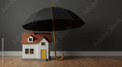 White miniature house under black umbrella for protection