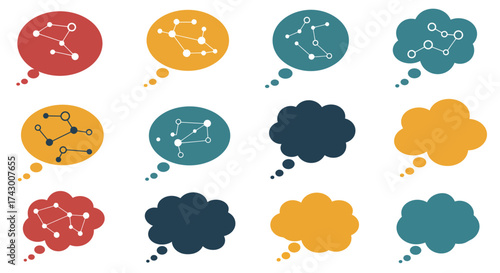 12 colored speech bubbles 6 with molecule images 6 without