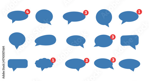 15 blue speech bubbles with notifications arranged on a white background