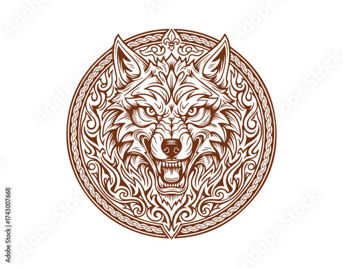 A standalone vector drawing of a wolf's head in a medieval style