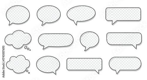 A collection of speech bubbles in various shapes all outlined in black with drop shadows
