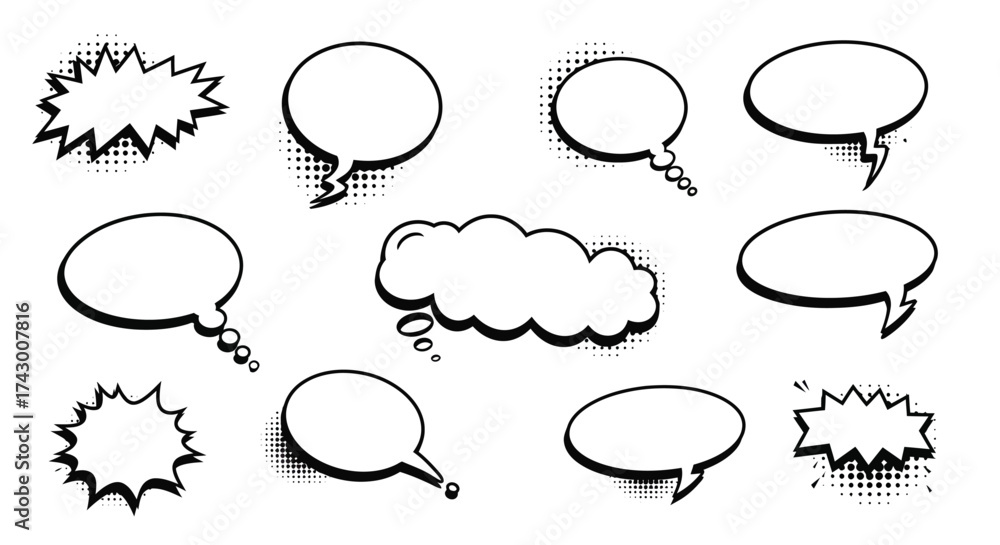Fototapeta premium Comic book speech bubbles with halftone dot patterns and sharp edges