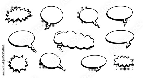 Comic book speech bubbles with halftone dot patterns and sharp edges