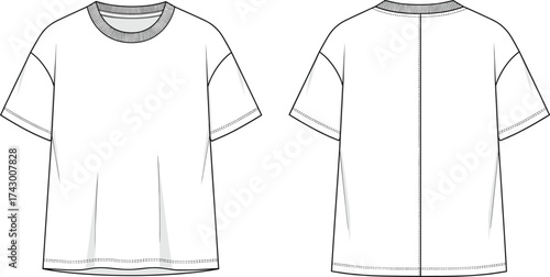 T‑shirt flat sketch, vector fashion illustration, CAD garment drawing, short sleeve crewneck, relaxed fit, vertical seam detail apparel design