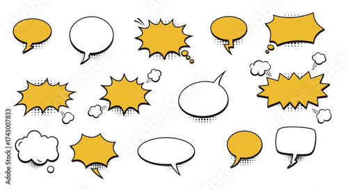 Comic book speech bubbles with halftone dots in mustard yellow and white